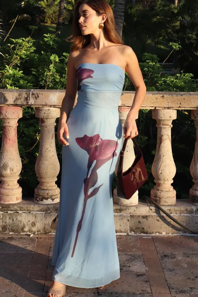 Adali Midi Dress 8211 Strapless Mesh Midi Dress In Blue Floral Women Showpo Dresses