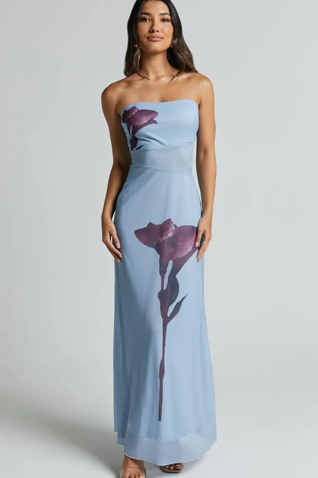 Adali Midi Dress 8211 Strapless Mesh Midi Dress In Blue Floral Women Showpo Dresses