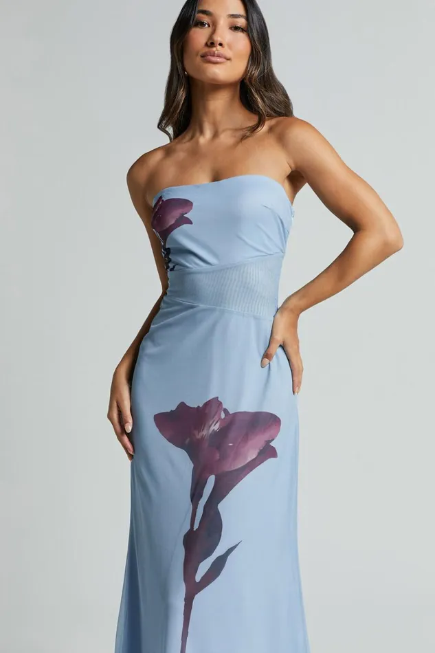 Adali Midi Dress 8211 Strapless Mesh Midi Dress In Blue Floral Women Showpo Dresses