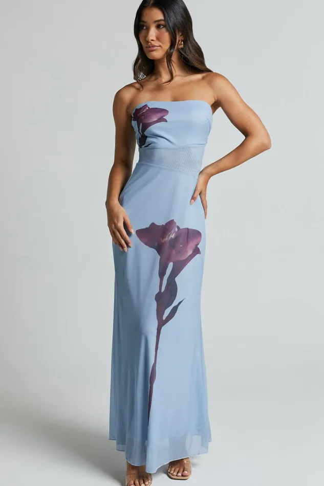 Adali Midi Dress 8211 Strapless Mesh Midi Dress In Blue Floral Women Showpo Dresses