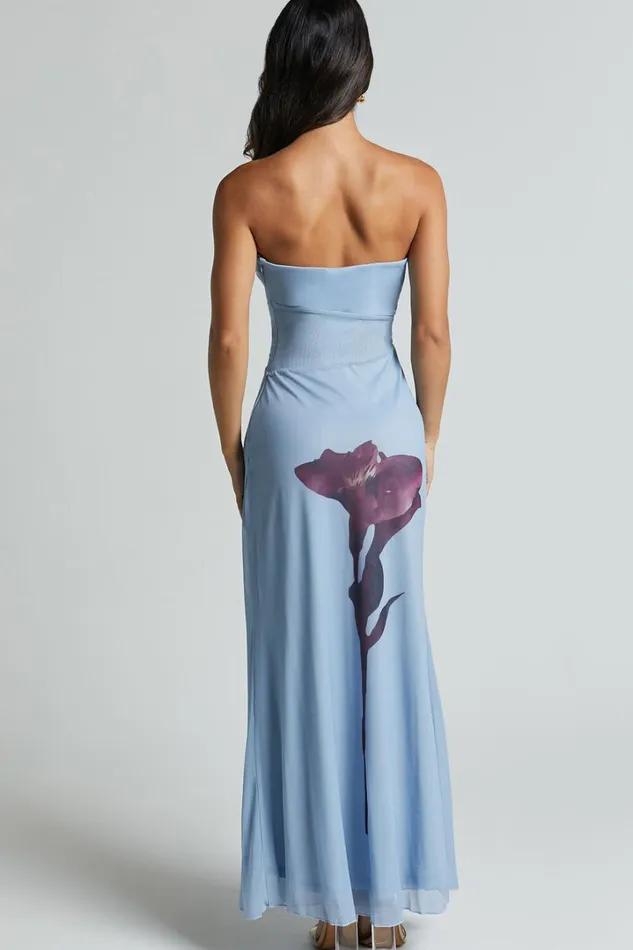 Adali Midi Dress 8211 Strapless Mesh Midi Dress In Blue Floral Women Showpo Dresses