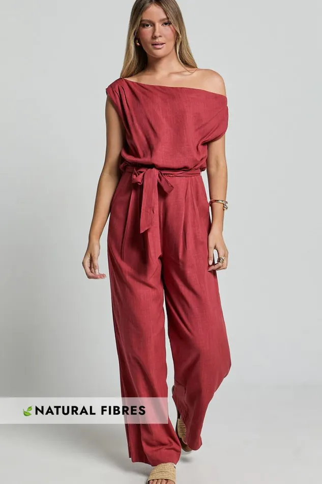 Adria Jumpsuit 8211 Asymmetrical Short Sleeve Linen Look Jumpsuit In Clay Women Showpo Jumpsuits