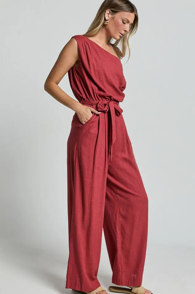 Adria Jumpsuit 8211 Asymmetrical Short Sleeve Linen Look Jumpsuit In Clay Women Showpo Jumpsuits