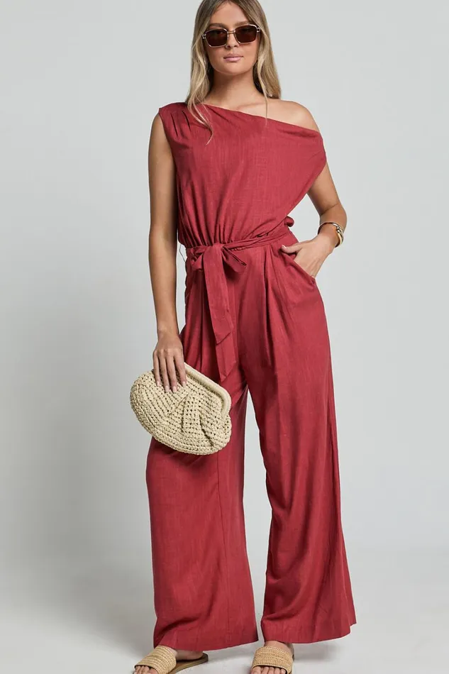 Adria Jumpsuit 8211 Asymmetrical Short Sleeve Linen Look Jumpsuit In Clay Women Showpo Jumpsuits