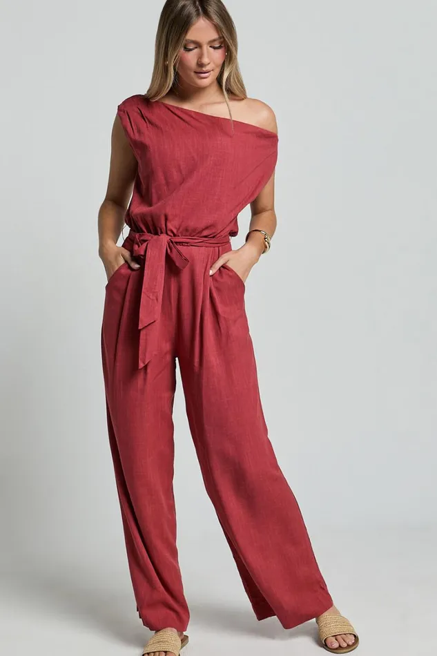 Adria Jumpsuit 8211 Asymmetrical Short Sleeve Linen Look Jumpsuit In Clay Women Showpo Jumpsuits