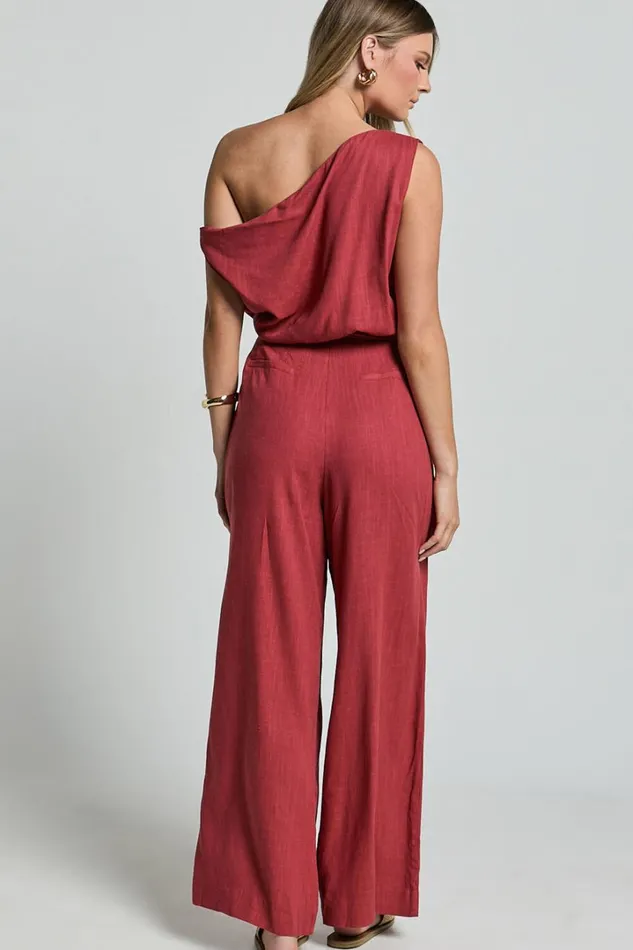Adria Jumpsuit 8211 Asymmetrical Short Sleeve Linen Look Jumpsuit In Clay Women Showpo Jumpsuits