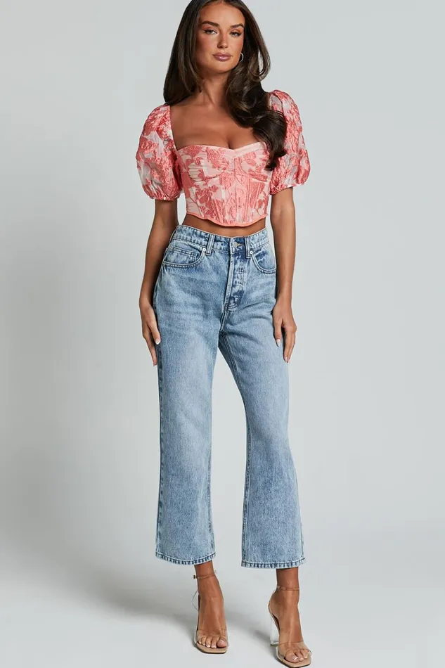 Aislin Top 8211 Puff Sleeve Sweetheart Jacquard Corset In Apricot Women Showpo Tops