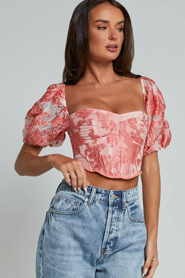 Aislin Top 8211 Puff Sleeve Sweetheart Jacquard Corset In Apricot Women Showpo Tops