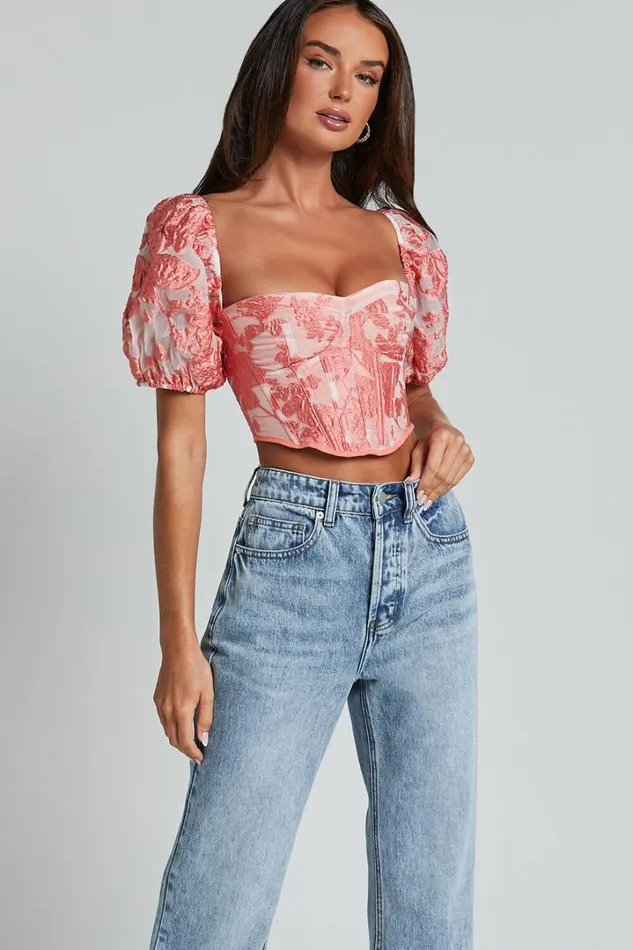 Aislin Top 8211 Puff Sleeve Sweetheart Jacquard Corset In Apricot Women Showpo Tops