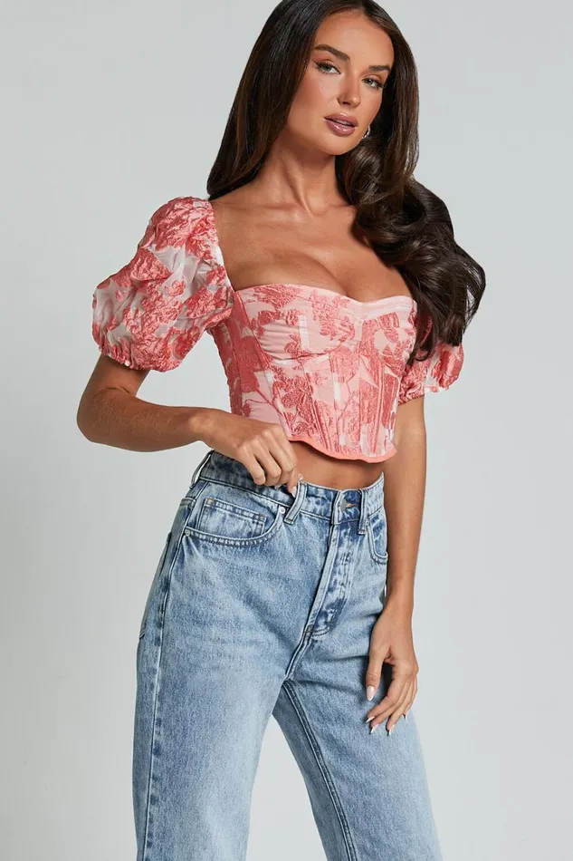 Aislin Top 8211 Puff Sleeve Sweetheart Jacquard Corset In Apricot Women Showpo Tops