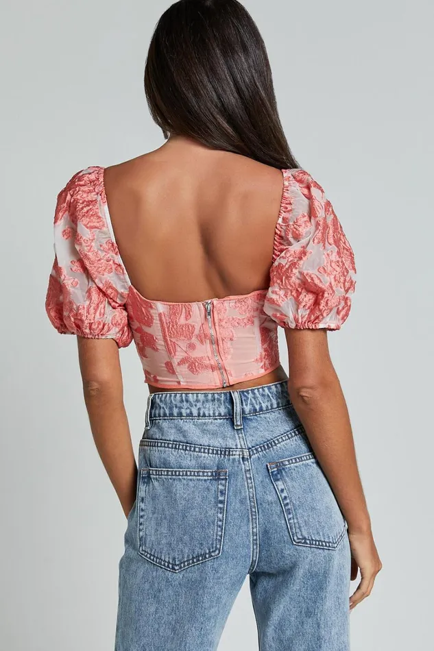 Aislin Top 8211 Puff Sleeve Sweetheart Jacquard Corset In Apricot Women Showpo Tops