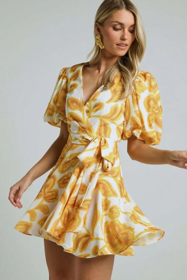 Aleka Mini Dress 8211 V Neck Balloon Sleeve Wrap In Sunshine Floral Women Showpo Dresses Aleka Mini Dress 8211 V Neck Balloon Sleeve Wrap In Sunshine Floral Women Showpo Dresses