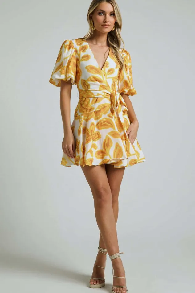 Aleka Mini Dress 8211 V Neck Balloon Sleeve Wrap In Sunshine Floral Women Showpo Dresses
