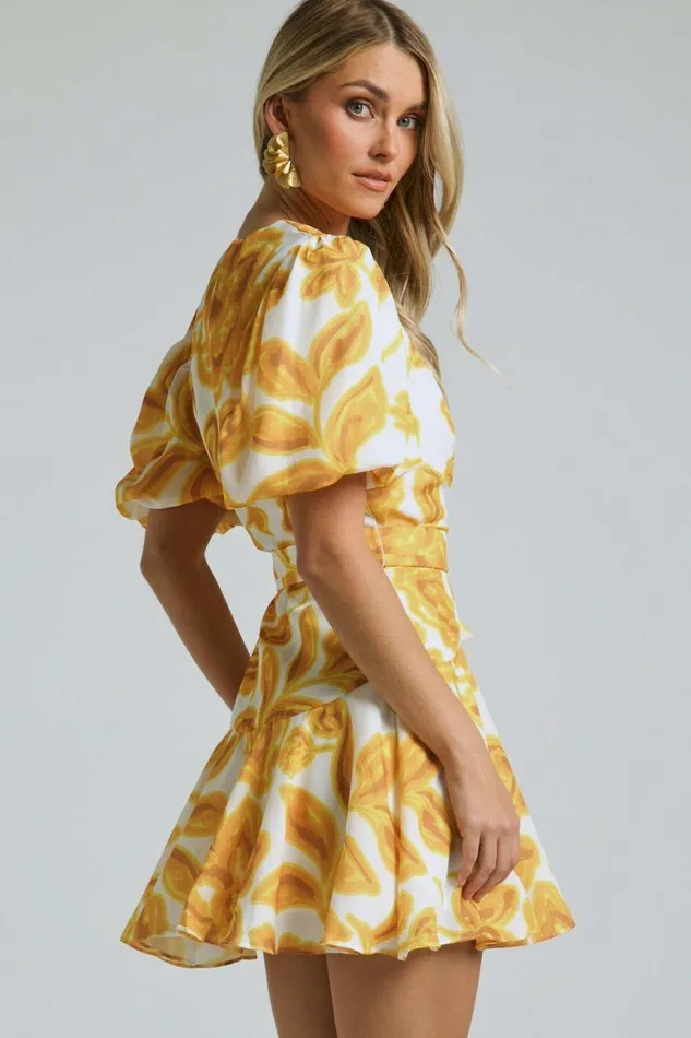 Aleka Mini Dress 8211 V Neck Balloon Sleeve Wrap In Sunshine Floral Women Showpo Dresses