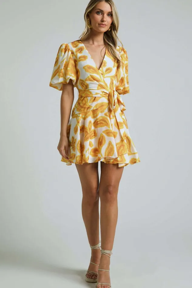Aleka Mini Dress 8211 V Neck Balloon Sleeve Wrap In Sunshine Floral Women Showpo Dresses