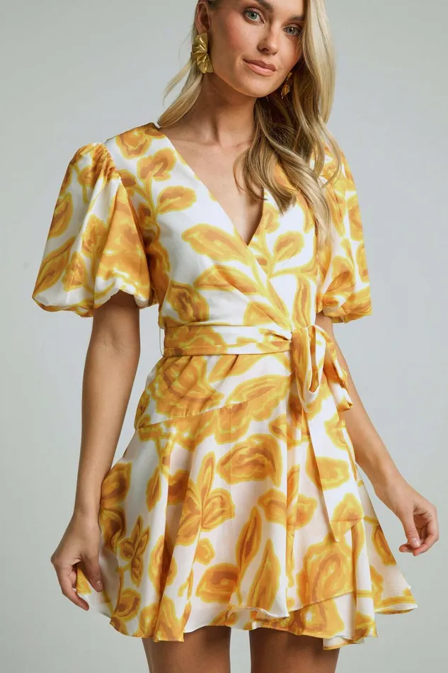 Aleka Mini Dress 8211 V Neck Balloon Sleeve Wrap In Sunshine Floral Women Showpo Dresses