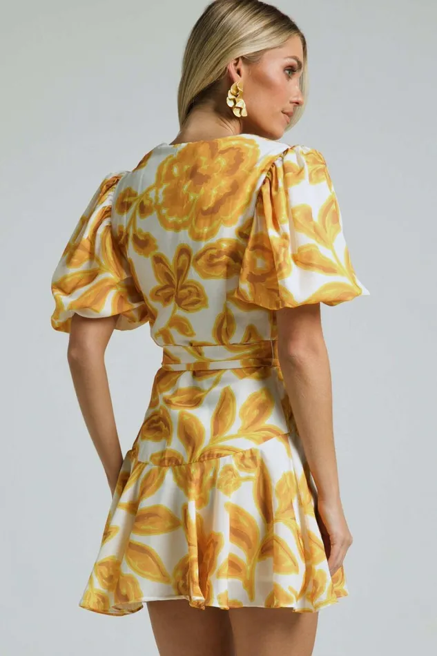 Aleka Mini Dress 8211 V Neck Balloon Sleeve Wrap In Sunshine Floral Women Showpo Dresses