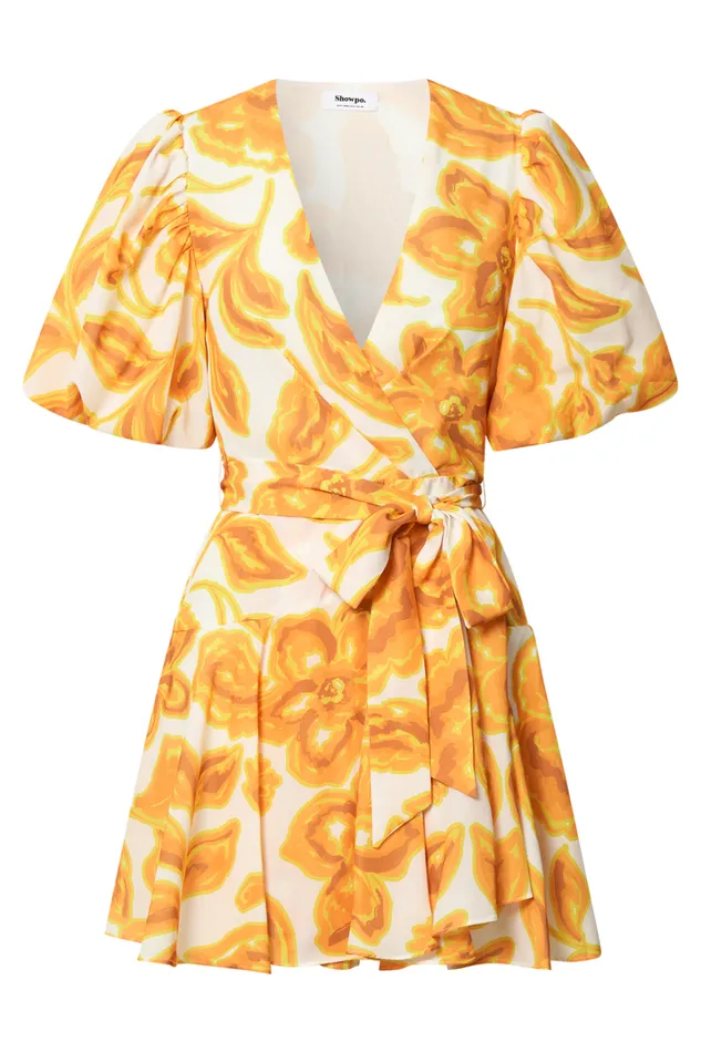 Aleka Mini Dress 8211 V Neck Balloon Sleeve Wrap In Sunshine Floral Women Showpo Dresses