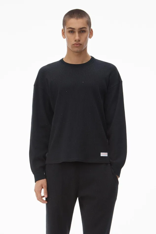 Alexander Wang Bodywear Crystal Hotfix Crewneck LongSleeve Tee In Waffle Knit