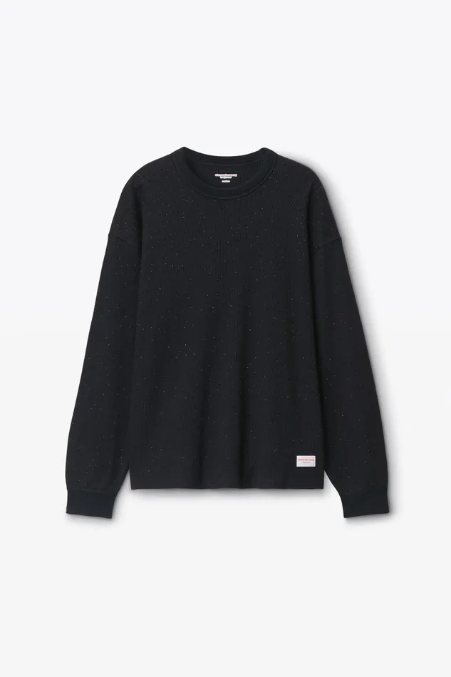 Alexander Wang Bodywear Crystal Hotfix Crewneck LongSleeve Tee In Waffle Knit