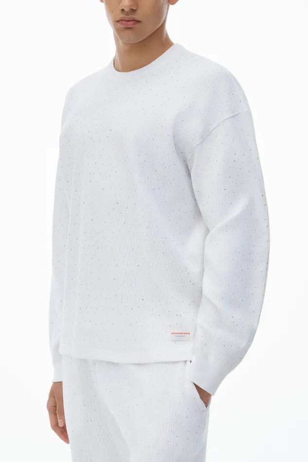 Alexander Wang Bodywear Crystal Hotfix Crewneck LongSleeve Tee In Waffle Knit