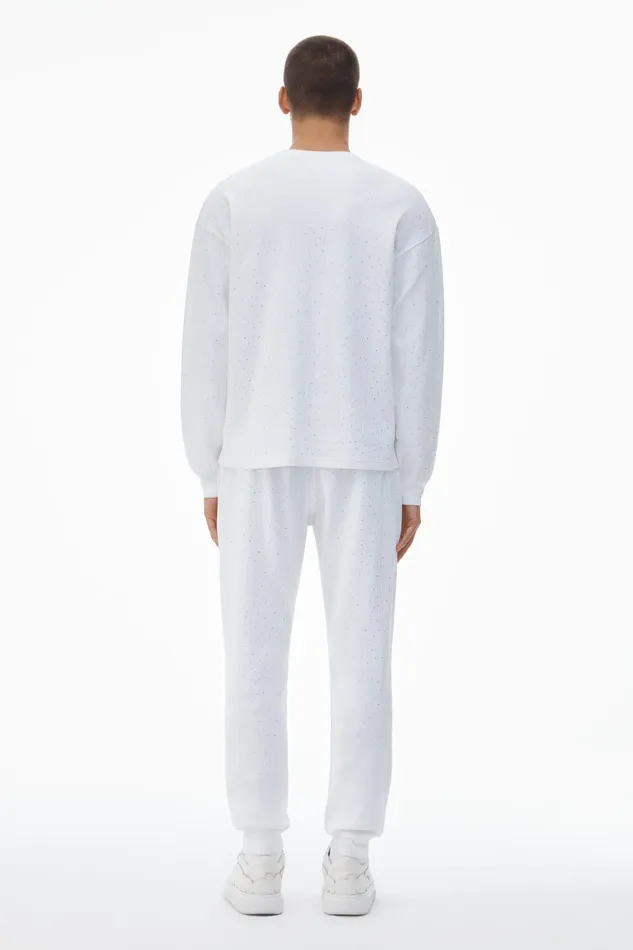 Alexander Wang Bodywear Crystal Hotfix Crewneck LongSleeve Tee In Waffle Knit