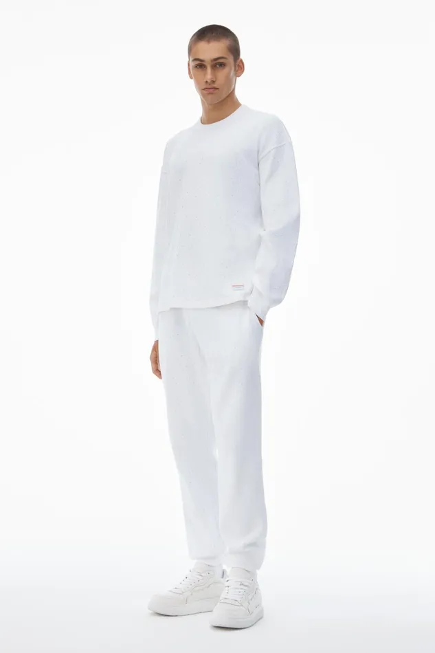 Alexander Wang Bodywear Crystal Hotfix Crewneck LongSleeve Tee In Waffle Knit