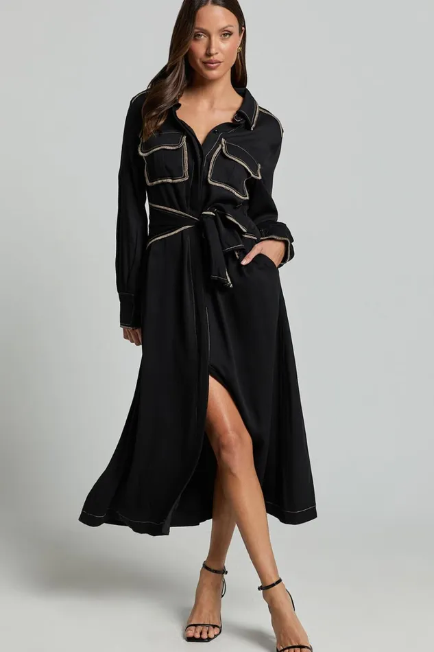 Ally Midi Dress 8211 Collared Button Through Long Sleeve Tie Dress In Black Women Showpo Dresses Ally Midi Dress 8211 Collared Button Through Long Sleeve Tie Dress In Black Women Showpo Dresses