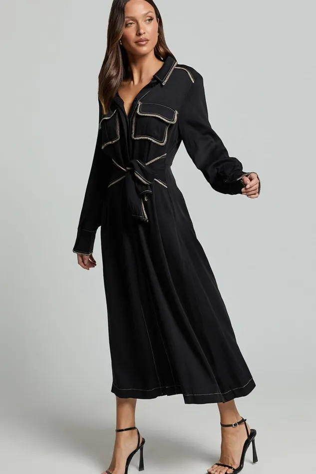 Ally Midi Dress 8211 Collared Button Through Long Sleeve Tie Dress In Black Women Showpo Dresses