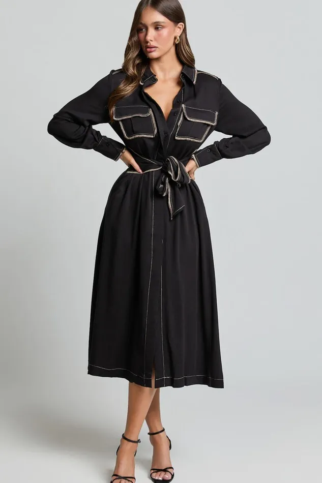 Ally Midi Dress 8211 Collared Button Through Long Sleeve Tie Dress In Black Women Showpo Dresses