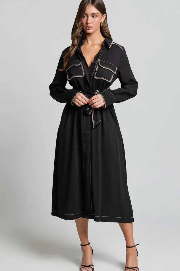 Ally Midi Dress 8211 Collared Button Through Long Sleeve Tie Dress In Black Women Showpo Dresses
