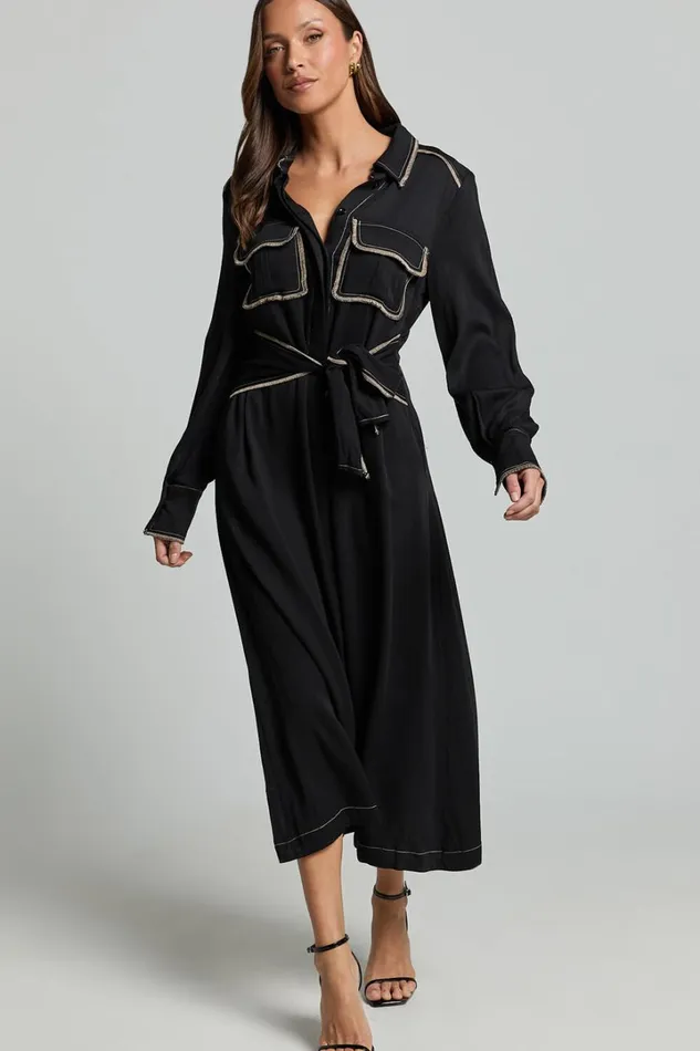 Ally Midi Dress 8211 Collared Button Through Long Sleeve Tie Dress In Black Women Showpo Dresses