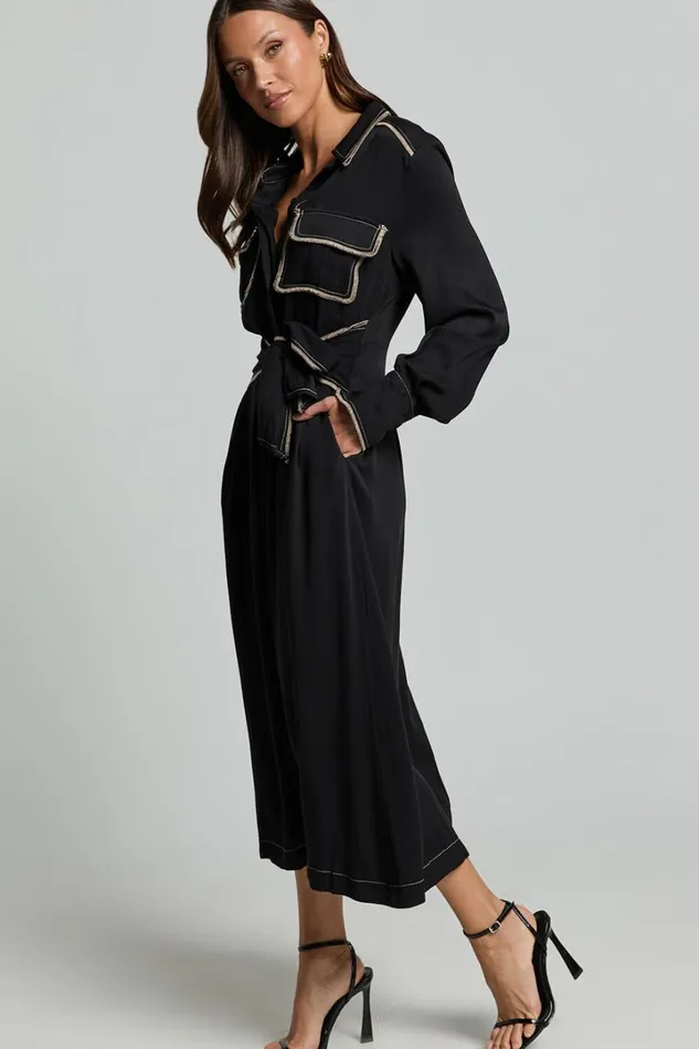 Ally Midi Dress 8211 Collared Button Through Long Sleeve Tie Dress In Black Women Showpo Dresses