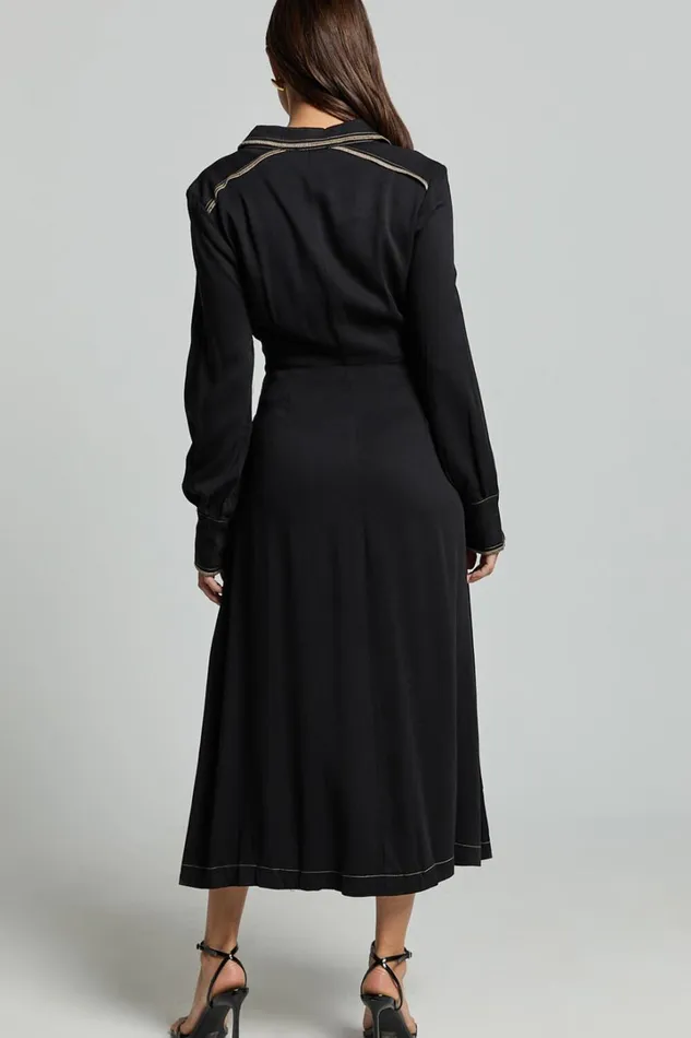 Ally Midi Dress 8211 Collared Button Through Long Sleeve Tie Dress In Black Women Showpo Dresses
