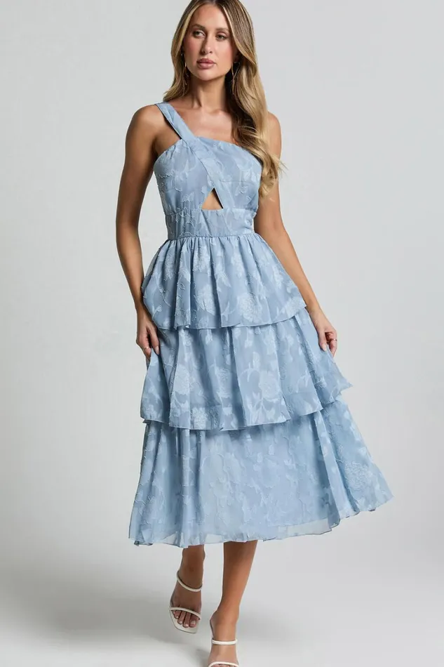 Alvinia Midi Dress 8211 One Shoulder Cut Out Tiered Dress In Light Blue Women Showpo Dresses Alvinia Midi Dress 8211 One Shoulder Cut Out Tiered Dress In Light Blue Women Showpo Dresses
