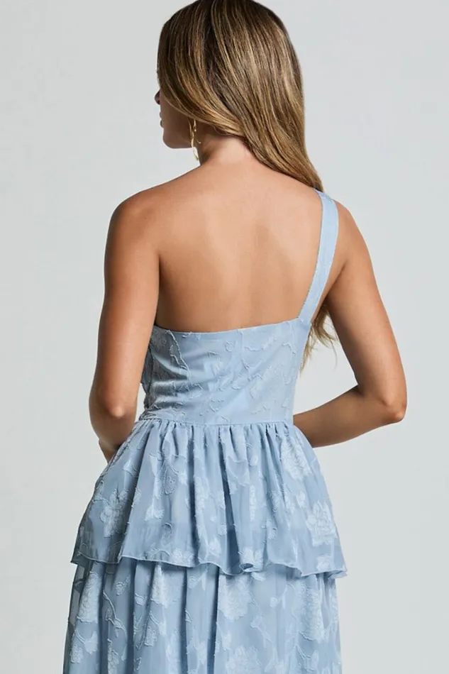 Alvinia Midi Dress 8211 One Shoulder Cut Out Tiered Dress In Light Blue Women Showpo Dresses