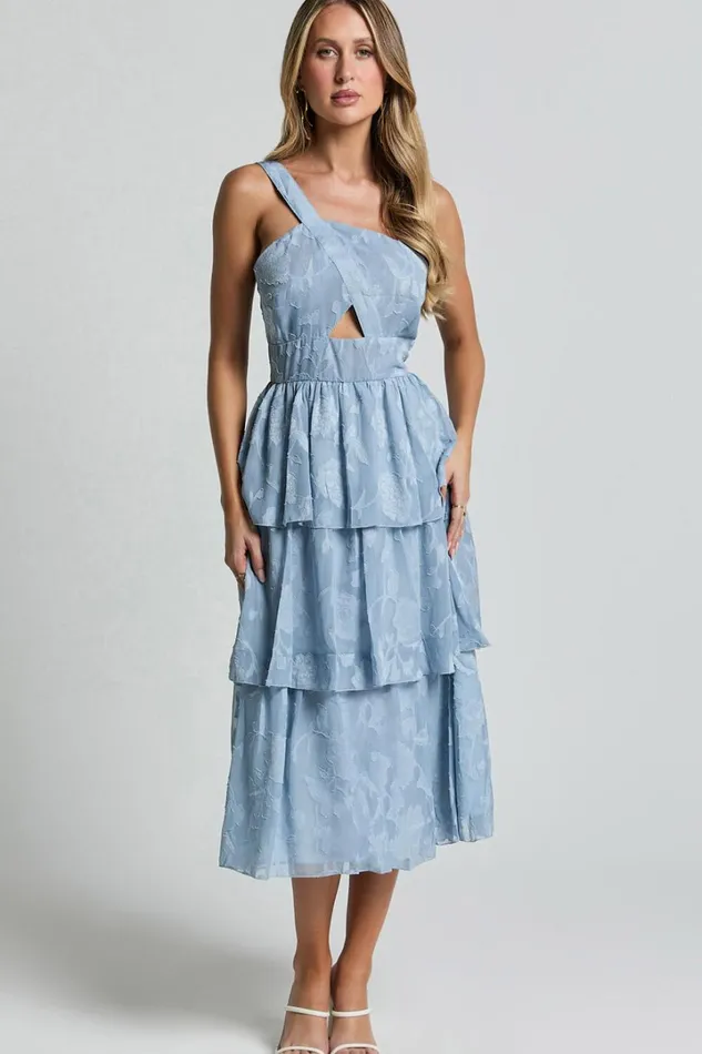 Alvinia Midi Dress 8211 One Shoulder Cut Out Tiered Dress In Light Blue Women Showpo Dresses