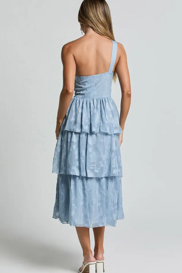 Alvinia Midi Dress 8211 One Shoulder Cut Out Tiered Dress In Light Blue Women Showpo Dresses