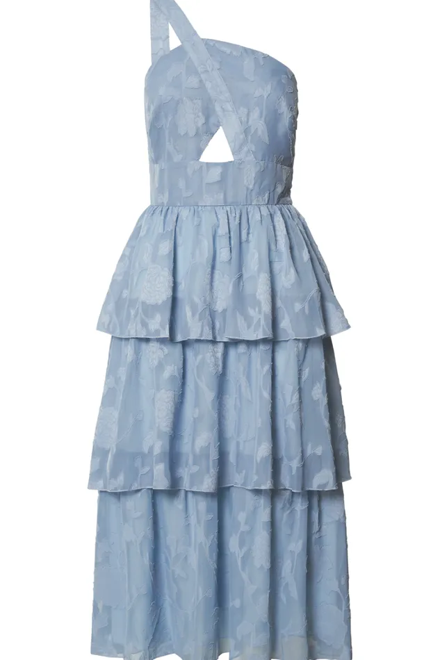 Alvinia Midi Dress 8211 One Shoulder Cut Out Tiered Dress In Light Blue Women Showpo Dresses