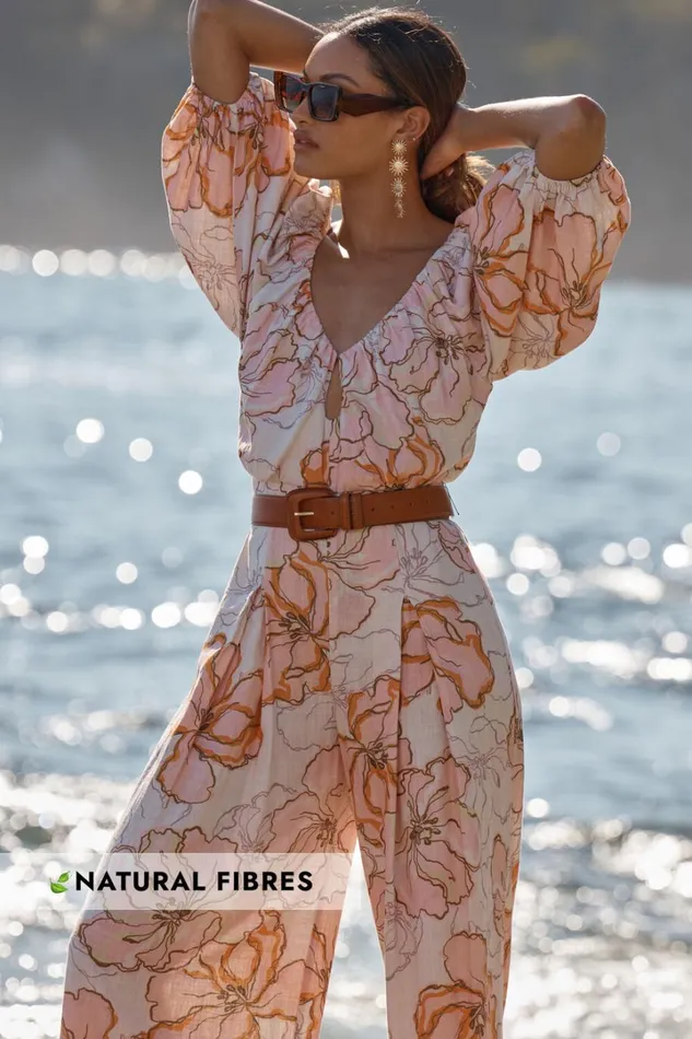 Amalie The Label 8211 Berenice Linen Blend Puff Sleeve Wide Leg Jumpsuit In Maison Fleur Women Showpo Jumpsuits