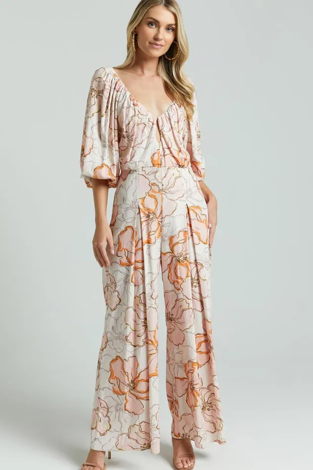 Amalie The Label 8211 Berenice Linen Blend Puff Sleeve Wide Leg Jumpsuit In Maison Fleur Women Showpo Jumpsuits
