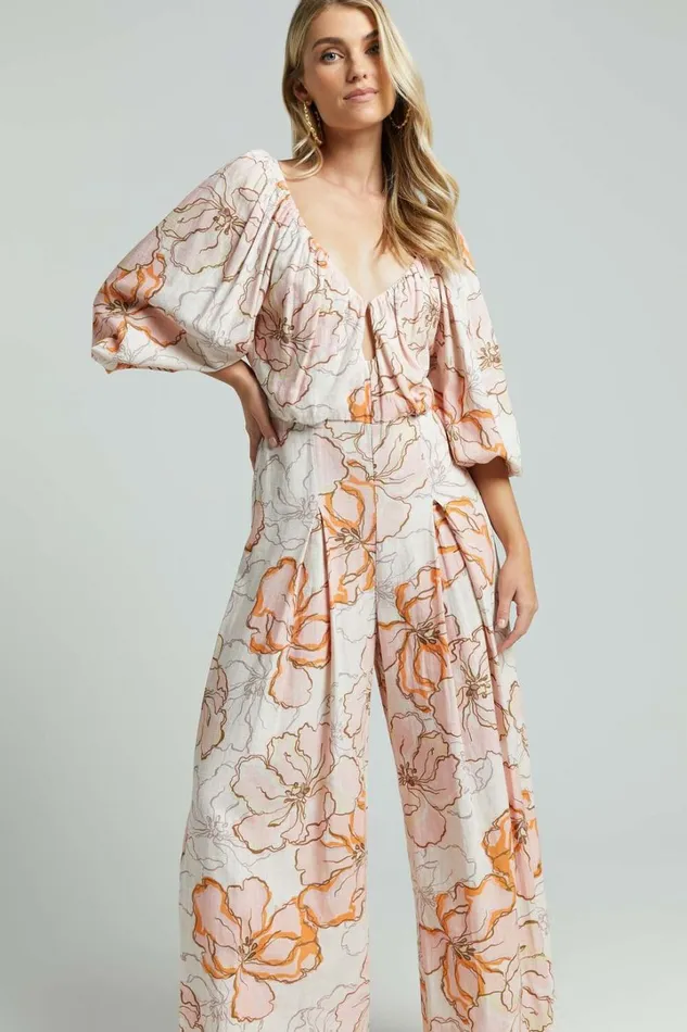 Amalie The Label 8211 Berenice Linen Blend Puff Sleeve Wide Leg Jumpsuit In Maison Fleur Women Showpo Jumpsuits