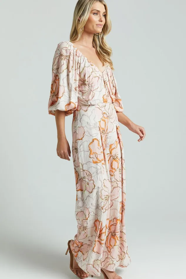 Amalie The Label 8211 Berenice Linen Blend Puff Sleeve Wide Leg Jumpsuit In Maison Fleur Women Showpo Jumpsuits