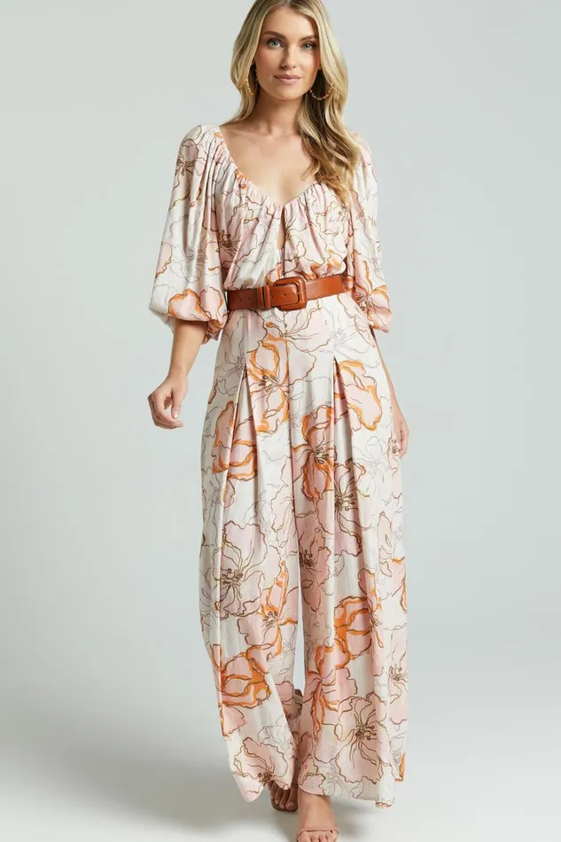 Amalie The Label 8211 Berenice Linen Blend Puff Sleeve Wide Leg Jumpsuit In Maison Fleur Women Showpo Jumpsuits