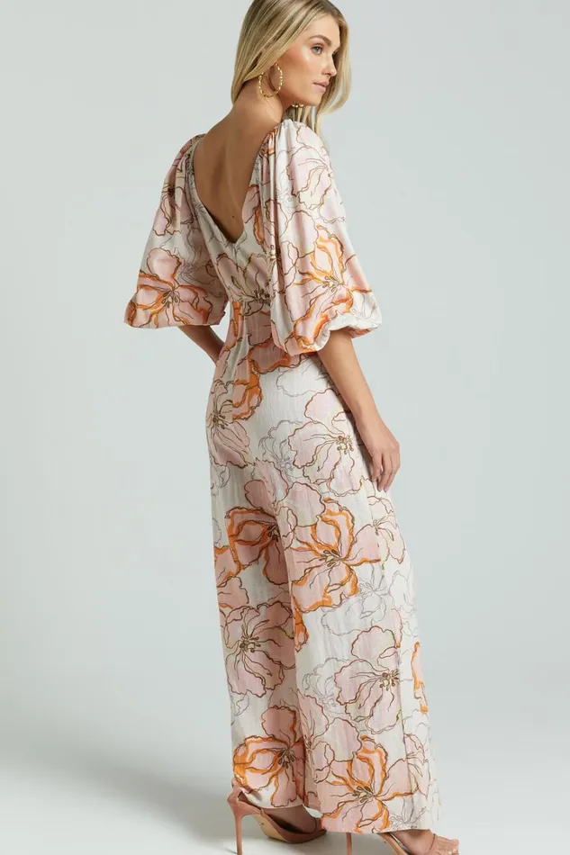 Amalie The Label 8211 Berenice Linen Blend Puff Sleeve Wide Leg Jumpsuit In Maison Fleur Women Showpo Jumpsuits