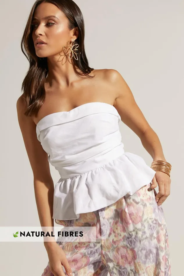 Amalie The Label 8211 Cortez Linen Blend Strapless Sweetheart Ruched Bodice Peplum Top In White Women Showpo Tops