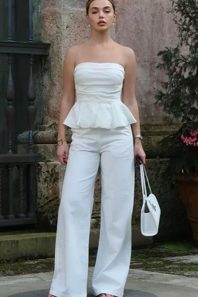 Amalie The Label 8211 Cortez Linen Blend Strapless Sweetheart Ruched Bodice Peplum Top In White Women Showpo Tops