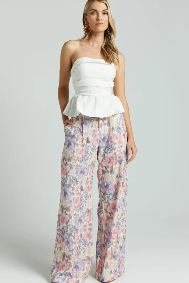 Amalie The Label 8211 Cortez Linen Blend Strapless Sweetheart Ruched Bodice Peplum Top In White Women Showpo Tops