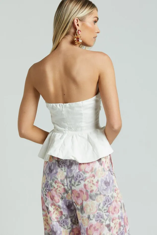 Amalie The Label 8211 Cortez Linen Blend Strapless Sweetheart Ruched Bodice Peplum Top In White Women Showpo Tops
