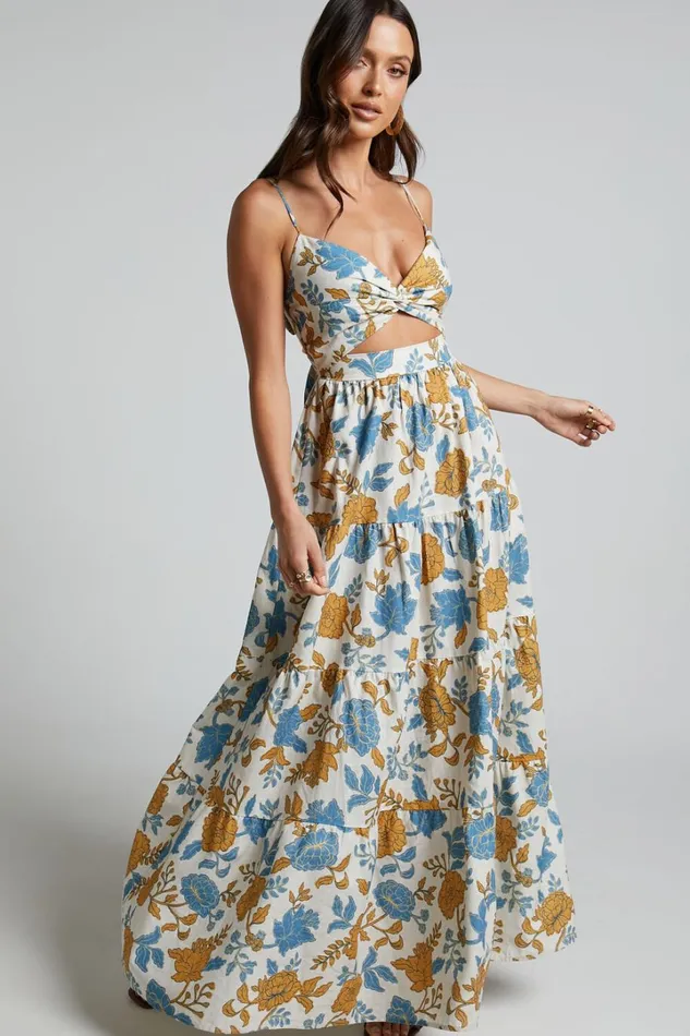 Amalie The Label 8211 Emerita Linen Blend Sweetheart Twist Front Tie Back Midi Dress In Valencia Floral Women Showpo Curve Clothes